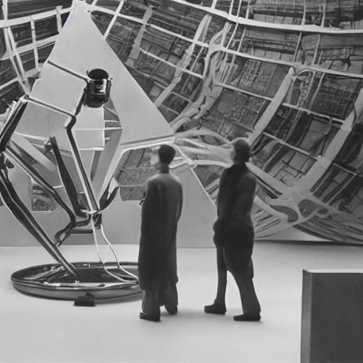 Prompt: filmstill of Marcel Duchamp working on a futuristic machine, long exposure, historical epic composition, in the style of Hito Steyerl and Andreï Tarkovski, archival pigment print