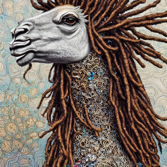 Image similar to llama with dreadlocks, detailed, by ernst haeckel, james jean, el anatsui, mandy jurgens