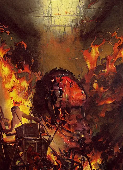 Prompt: realistic detailed painting of a burning house and a man screaming at the sight in the style of francis bacon, surreal forest, norman rockwell and james jean, greg hildebrandt, and mark brooks, triadic color scheme, by greg rutkowski, in the style of francis bacon and syd mead and edward hopper and norman rockwell and beksinski, dark surrealism, open ceiling