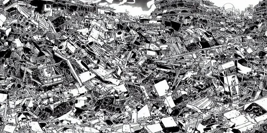 Image similar to Black and white drawing by Yukito Kishiro of a post-apocalyptic wasteland