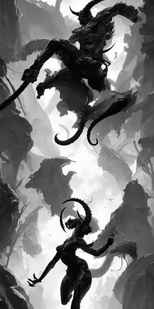 Image similar to highly detailed beautiful black and white photography of a tiefling, sharp focus, dynamic lighting, elegant harmony, beauty, masterpiece, by riccardo federici, by craig mullins, by greg tocchini, by greg rutkowski