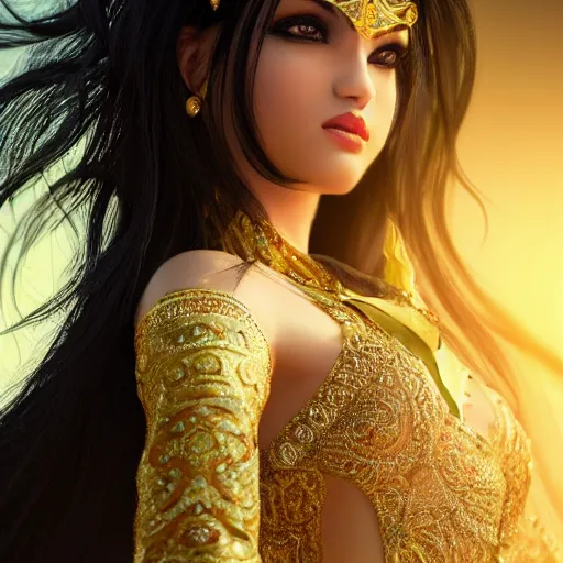 Prompt: aesthetic!!!!!! Female genie in Arabic clothing, olive skin, long black hair, gold tint, frontal pose, cinematic lighting, intricate!!!, silk, fabric, full-length view, cinematic, hyper realism, 8k, depth of field, vibrant.