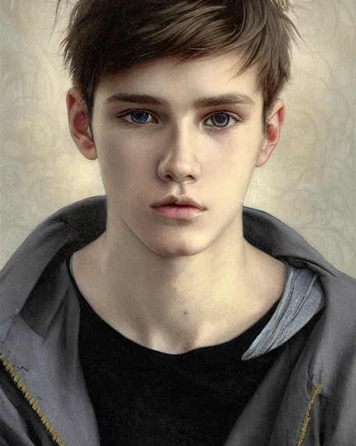 Prompt: portrait a 1 5 - year - old boy, with slender, smooth sleek white - blond hair, cold grey eyes, a pale complexion with sharp and pointed features, wearing black clothes, hyper realistic face, beautiful eyes, close up, fantasy art, in the style of greg rutkowski, intricate, alphonse mucha, hyper detailed, smooth