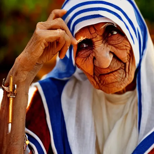 Image similar to mother teresa smoking a blunt, talking to gandhi in a coffee place, evening sunlight