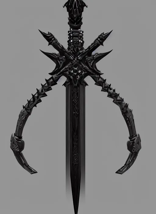 Image similar to a black great sword mini skull crest, orthographic, ornament, weapon, a 3 d render by dom qwek, front side full, trending on polycount, artstation, hard surface modeling, rendered in maya, zbrush, blender, hd, vray, berserk, symmetry