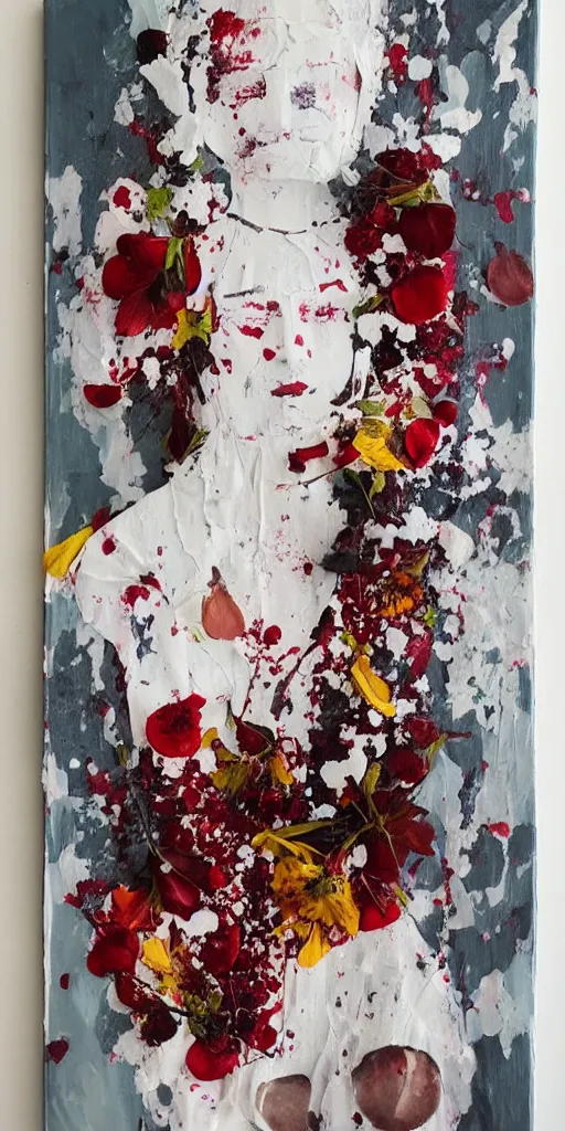 Image similar to “art in an Australian artist’s apartment, portrait of a woman wearing loose white cotton clothing, stained with fresh berries and maple syrup, edible flowers, acrylic and spray paint and oilstick on canvas”