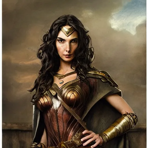 Image similar to highly detailed steampunk gal gadot standing, cape : leonardo da vinci, greg rutkowski, magali villeneuve