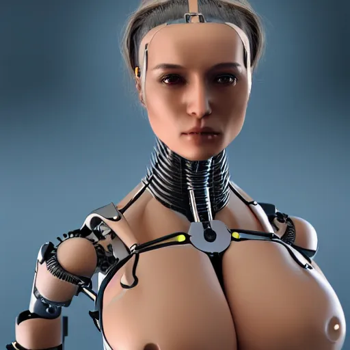 Prompt: womanized humanoid robot made of steel, beautiful face, big breasts, anatomically correct, futuristic, glowing details, unreal engine, ray tracing, 8 k, uhd, ultrarealistic, highly detailed