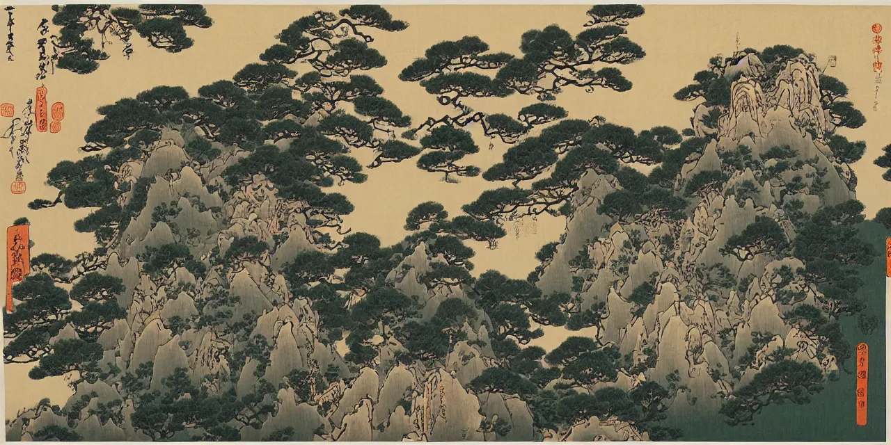 Prompt: taoist temples in huangshan, landscape by katsushika hokusai