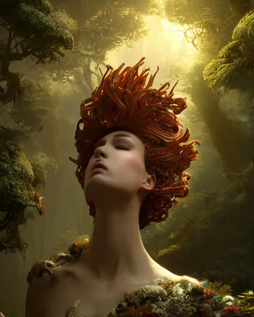 Image similar to beauteous sumptuous biomechanical incredible hair, crystalline masterpiece incrustations, hyperdetailed face, 4 k oled projected retinal overlays, elegant pose, movie still, intricate, octane render, cinematic forest lighting, cgsociety, unreal engine, crepuscular rays, god rays