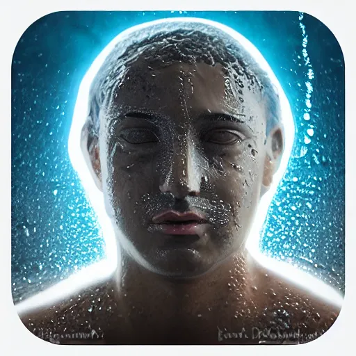 Prompt: icon of a realistic human head made out of water, water art manipulation, dark background