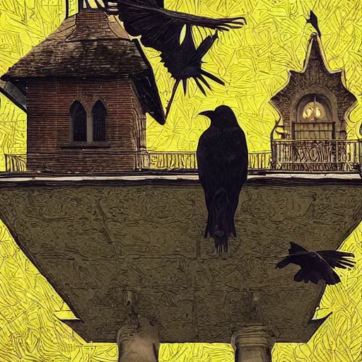 Image similar to A clown on the roof of the church playing with crows, by Android Jones and M. C. Escher collaboration, futurist, digital art, dramatic lighting, symbolic