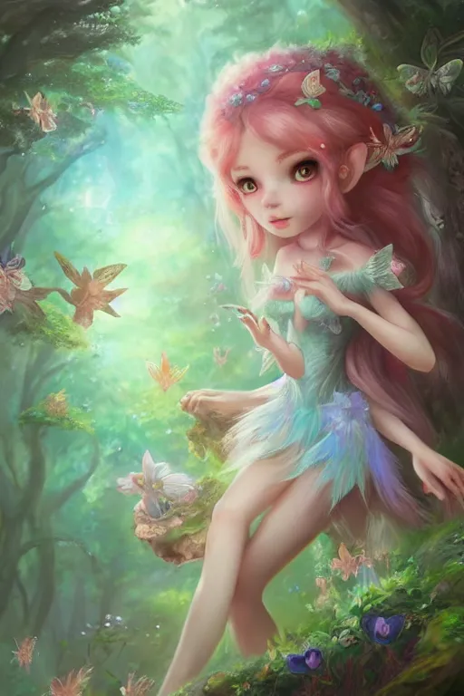 Image similar to a cute and geogerous fairy in the dreamy forest, fantasy, dreamlike, 8 k resolution, hyper detailed, d & d, character design, digital painting, trending on artstation, sharp focus, illustration, art by viktoria gavrilenko, hoang lap, fuji choko, steve zheng,