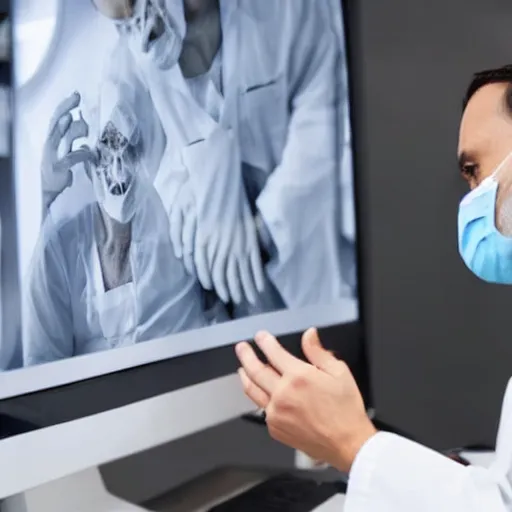 Image similar to radiologist looking at computer screen while surgeons impatiently wait for his opinion