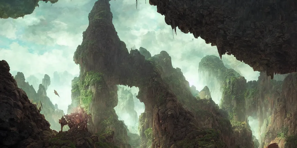 Image similar to huge cave ceiling towns, villages castles buildings bytopia planescape clouds made of green earth inverted upsidedown mountain surreal dreamlike inception artstation illustration sharp focus sunlit vista painted by ruan jia raymond swanland lawrence alma tadema zdzislaw beksinski norman rockwell tom lovell alex malveda greg staples