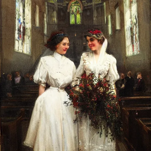 Image similar to two young edwardian women getting married in a church, in the style of Anders Zorn