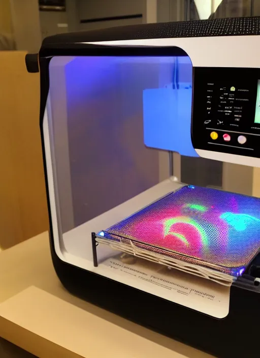 Prompt: product photo of a 3 dprinter that looks like a holographic microwave