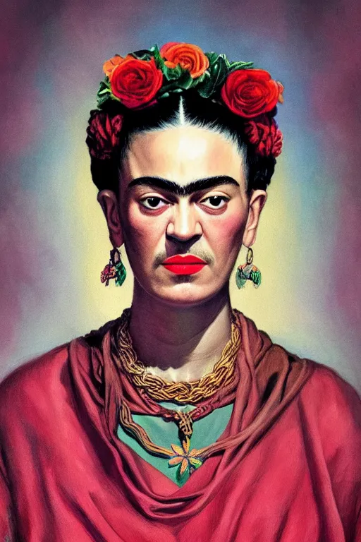Prompt: portrait of frida kahlo wearing rapper clothes, staring directly into camera, intricate, elegant, glowing lights, highly detailed, digital painting, artstation, sharp focus, illustration, art by wlop, mars ravelo and greg rutkowski