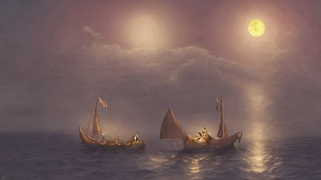 Prompt: a giant anglerfish at the surface of the water meets a sailor with a lantern on a sloop, background with large full moon and purple sky, in the styles of tom coletti, jorge jacinto, and thomas veyrat intricate, accurate details