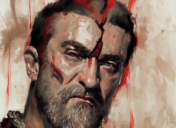 Image similar to a highly detailed beautiful portrait of robert deniro as kratos, by gregory manchess, james gurney, james jean