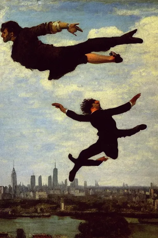 Image similar to a young man flying through new york city. his hands stretched to the side. a floating circus in the background. art by gustave courbet.