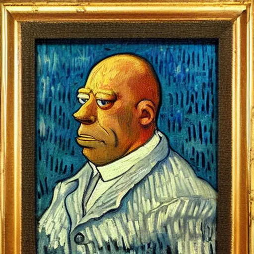 Image similar to a beautiful oil painting of homer simpson, 8k , award winning , made in 1800's , old , painted by vincent van gogh