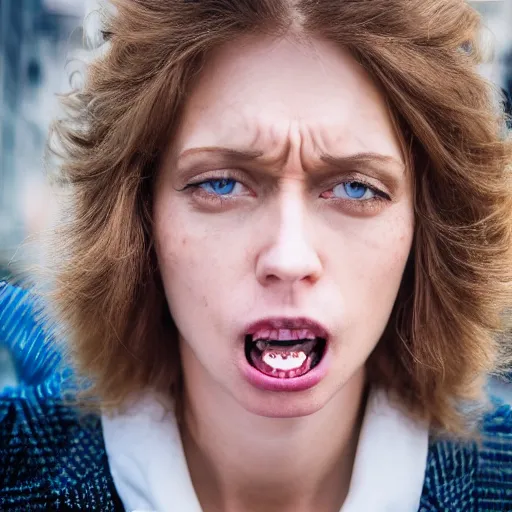 Prompt: hyperdetailed photo of a judging woman with light blue eyes and open mouth, really short hair, in a cybercity, wearing perfect wool suit, inside berghain, classic, photo 3 5 mm leica, hyperdetail, 8 k, very detailed, fine - face