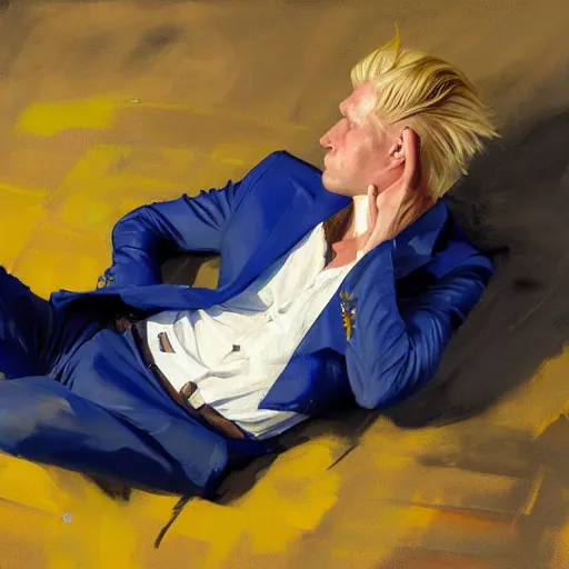 Image similar to greg manchess portrait of a blond man in a blue suit lying on the ground bleeding in an arena, profile picture, organic painting, sunny day, matte painting, bold shapes, hard edges, street art, trending on artstation, by huang guangjian, gil elvgren, ruan jia, randy vargas, greg rutkowski