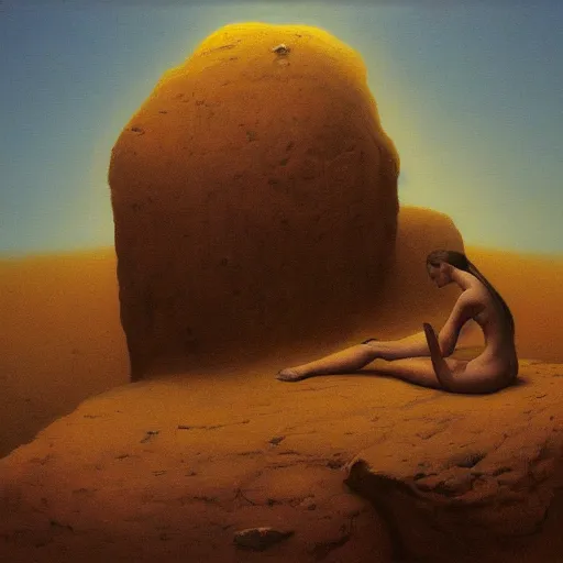 Prompt: a painting of a woman sitting on a rock, a cave painting by zdzisław beksinski, deviantart, vanitas, rococo, chiaroscuro, apocalypse landscape