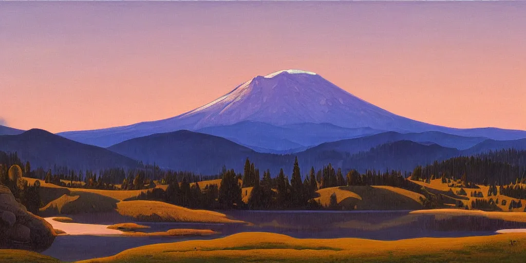 Prompt: a beautiful painting of Mt. Lassen by Rockwell Kent, golden hour, 8k, 4k