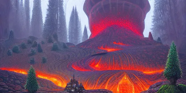 Image similar to painting lava dripping labyrinth with redwood trees covering futuristic castle city from bladerunner in the style of aquapunk by tomasz alen kopera and daniel lieske with futuristic castle by simon stahlenhag