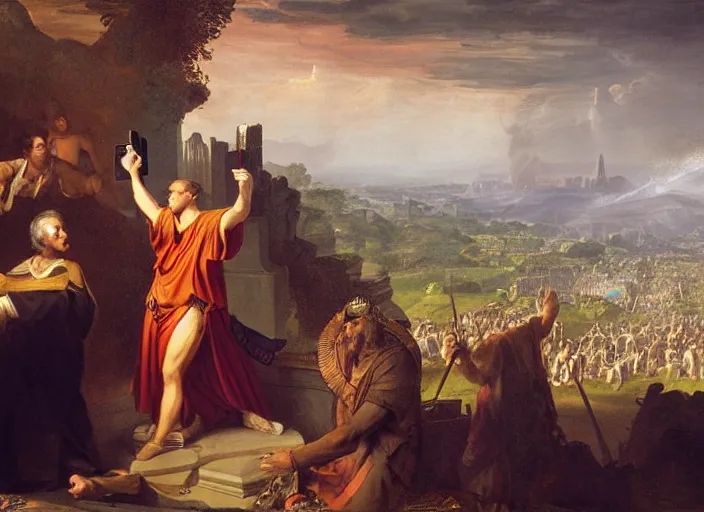 Prompt: julius caesar taking a selfie with an iphone as rome burns behind him by thomas cole and wlop