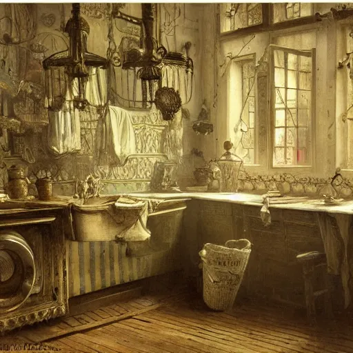Prompt: detailed painting of a laundry room, filigree ornaments, andreas achenbach,