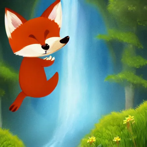 Image similar to A happy fox is jumping into a waterfall (storybook illustration for children, trending on Artstation)