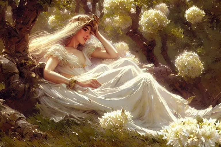 Image similar to a tired warrior relaxing under a huge tree with white flowers, fantasy, painting by gaston bussiere, craig mullins, j. c. leyendecker, trending on artstation