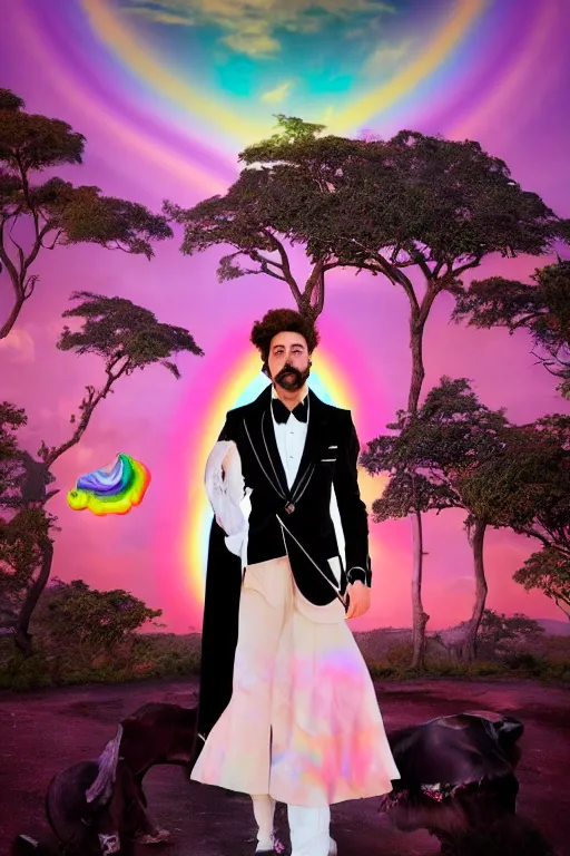 Prompt: Ethereal safari landscape with a pink rainbow sky under a god moonstone, black leather and embroidered Lolita dapper tuxedo in velvet, rich color, dramatic cinematic lighting, featured on Artstation, extremely detailed by Lisa Frank