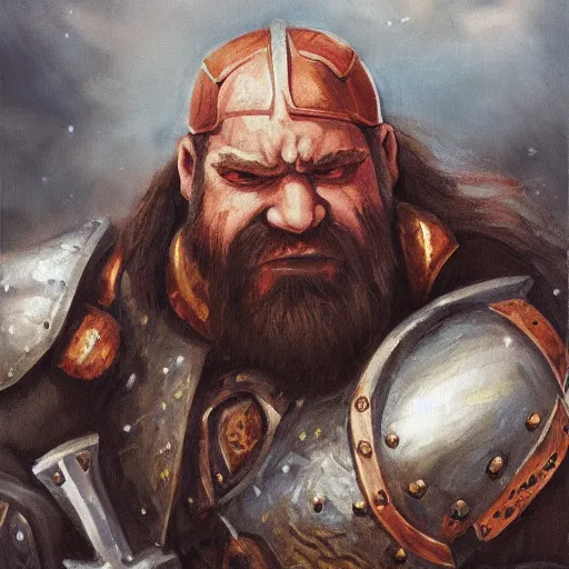 Image similar to A dwarven warrior holding his weapon backwards while crockeyed with a furrowed brow, oil painting, portrait, d&d, armored