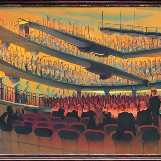 Prompt: robotic choir in an amphitheater, pj crook, grant wood, edward hopper, syd mead, chiaroscuro, oil on canvas