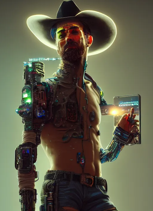 Image similar to cyberpunk cowboy, au naturel, hyper detailed, digital art, trending in artstation, cinematic lighting, studio quality, smooth render, unreal engine 5 rendered, octane render, art style by klimt and nixeu and ian sprigger and wlop and krenz cushart