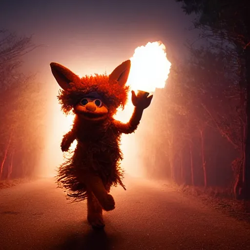 Prompt: a large druid fox muppet wearing a cloak holding a lit torch and herding a bunch of random muppet animals following behind through a dark felt forest at night, sesame street, photograph, photography, ultrarealistic, national geographic