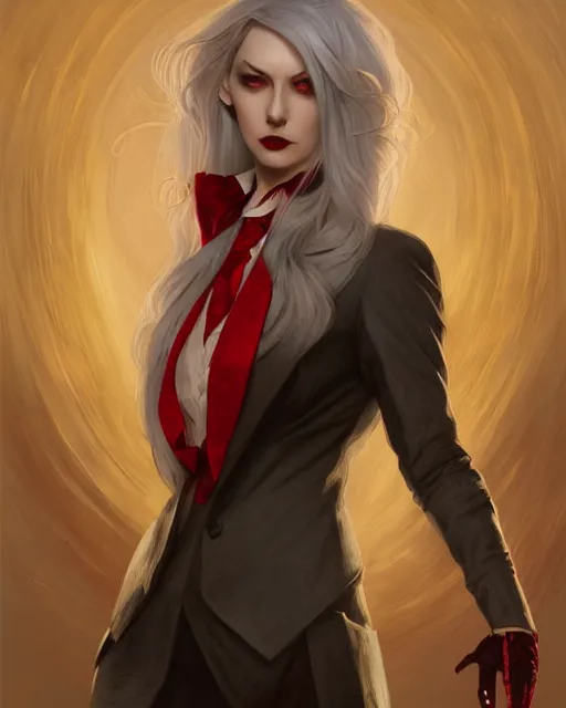 Prompt: female vampire, perfect face, gold waistcoat, long grey hair, red necktie, cinematic, stunning, highly detailed, digital painting, artstation, smooth, hard focus, illustration, art by artgerm and greg rutkowski and alphonse mucha