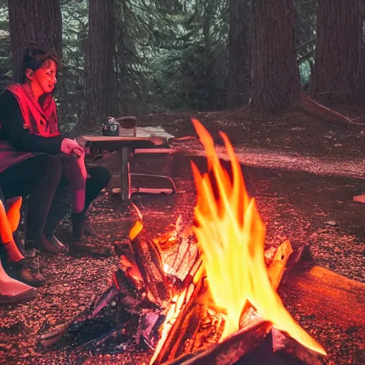 Prompt: A photo of a campfire with flames forming the shape of a woman