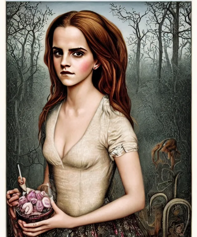 Prompt: portrait of Emma Watson, lowbrow painting by Mark Ryden