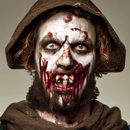 Prompt: head and shoulders photo portrait of a male medieval villager zombie, d & d