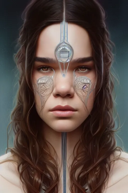 Image similar to symmetry!! portrait of hailee steinfeld, machine parts embedded into face, intricate, elegant, highly detailed, digital painting, artstation, concept art, smooth, sharp focus, illustration, art by artgerm and greg rutkowski and alphonse mucha, 8 k