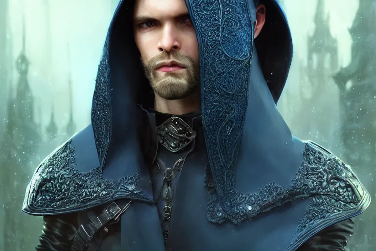 Image similar to ultrarealistic male mage face portrait fighting, long black hair blue eyes wearing leather mantle gothic navy cloak with leather details, green plants, fantasy character portrait, octane render, extreme intricate details, elegant, cinematic lighting, highly detailed, artstation, dnd art, cgsociety, sharp focus, beautiful digital painting by artgerm, gerald brom, wlop, alphonse mucha
