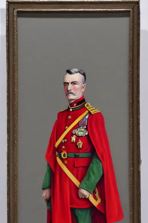 Image similar to ww 1 general wearing drab grey uniform, long red heroic cape with green trim on his back, oil on canvas