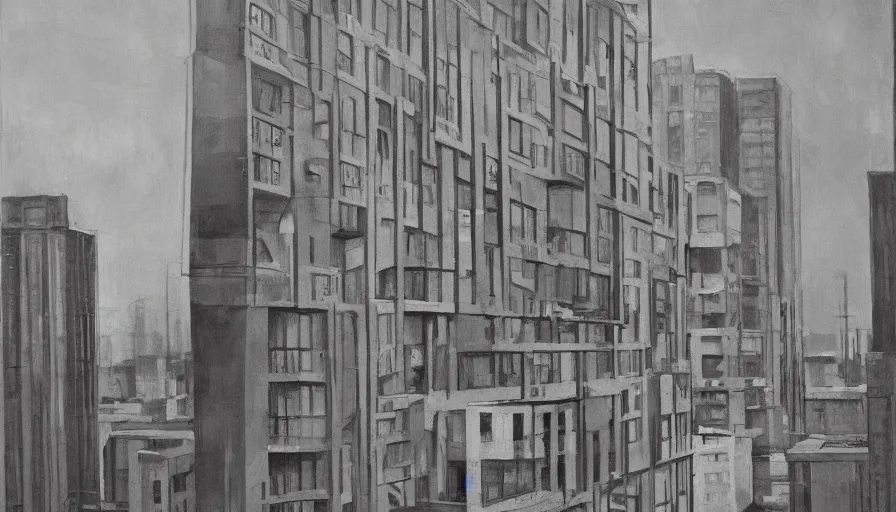 Image similar to american city, modern times, a weird apartment, four stories high, with a huge water tank on the roof. the color of the picture is gray, and the painting style is retro