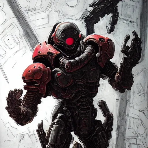 Image similar to doom slayer, pre renaissance art, tsutomu nihei art,