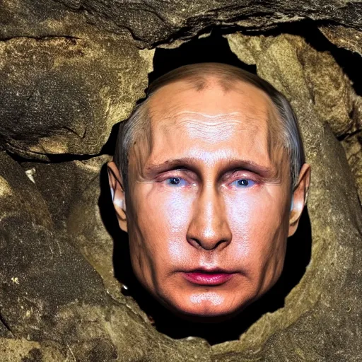 Image similar to photo inside a cavern of a wet reptilian humanoid putin partially hidden behind a rock